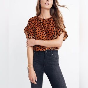 Polka Dot Ruffle Sleeve Top - Brown